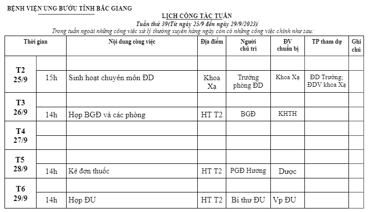 TUẦN THỨ 39(TỪ NGÀY 25/9 ĐẾN NGÀY 29/9/2023)