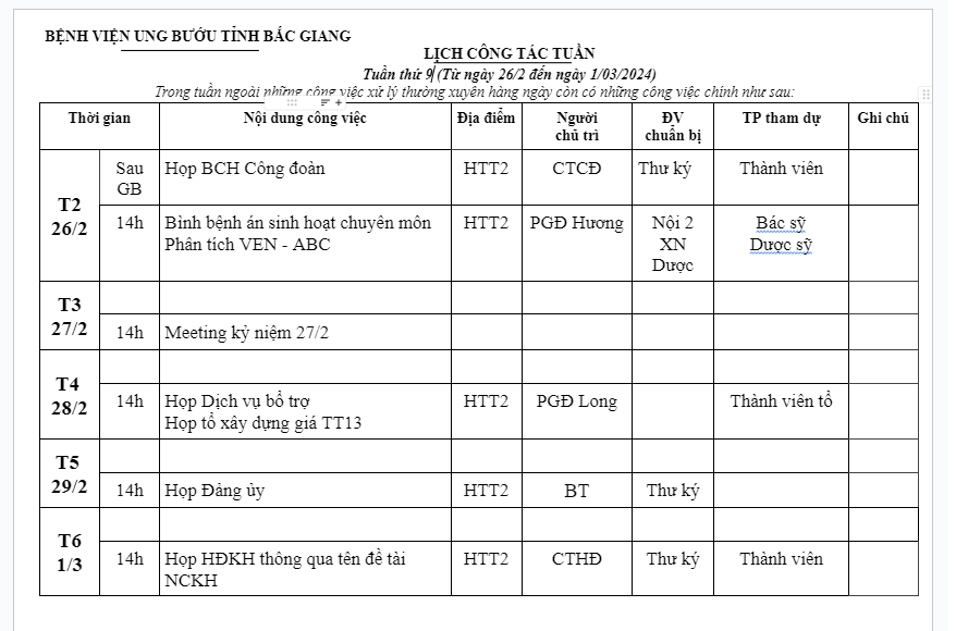 Lịch công tác tuần 9 (26/2-1/3/2024)