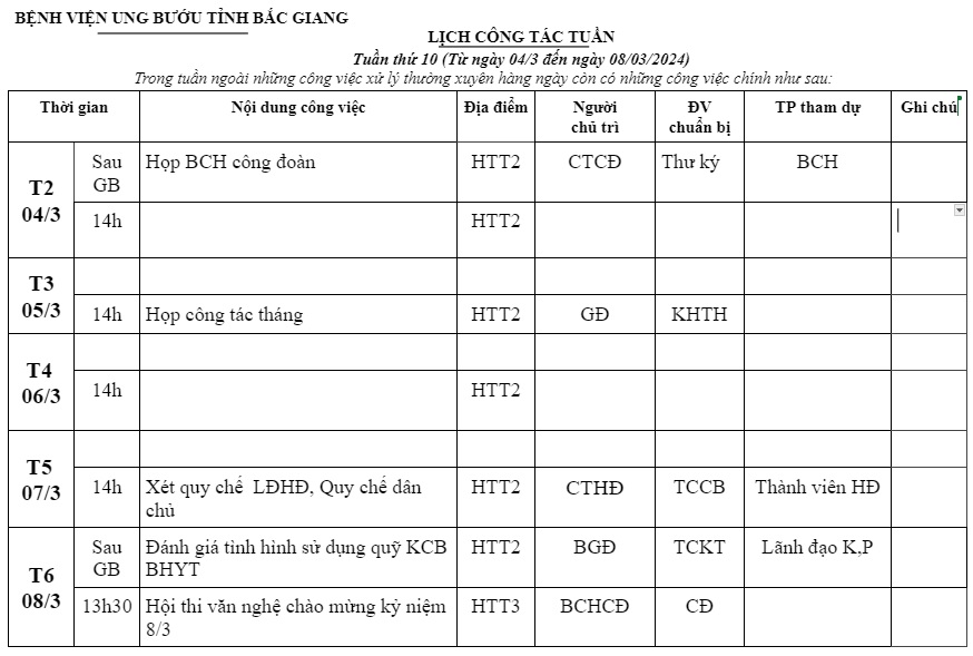 Lịch công tác Tuần thứ 10 (Từ ngày 04/3 đến ngày 08/03/2024)