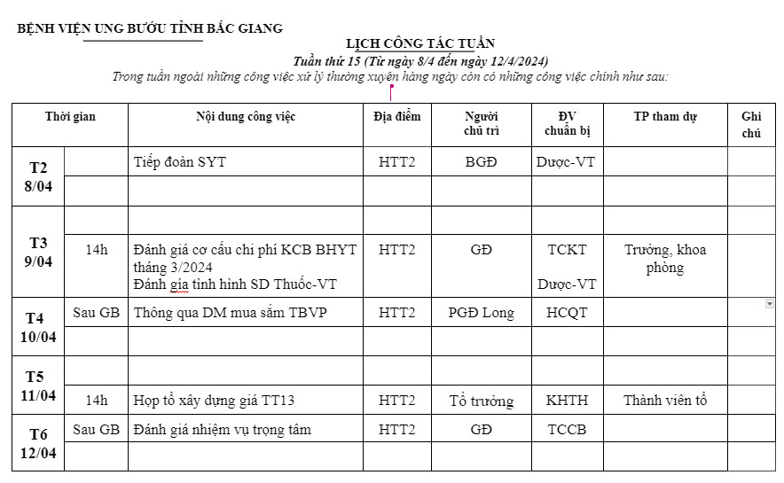 Lịch công tác Tuần thứ 15 (Từ ngày 8/4 đến ngày 12/4/2024)