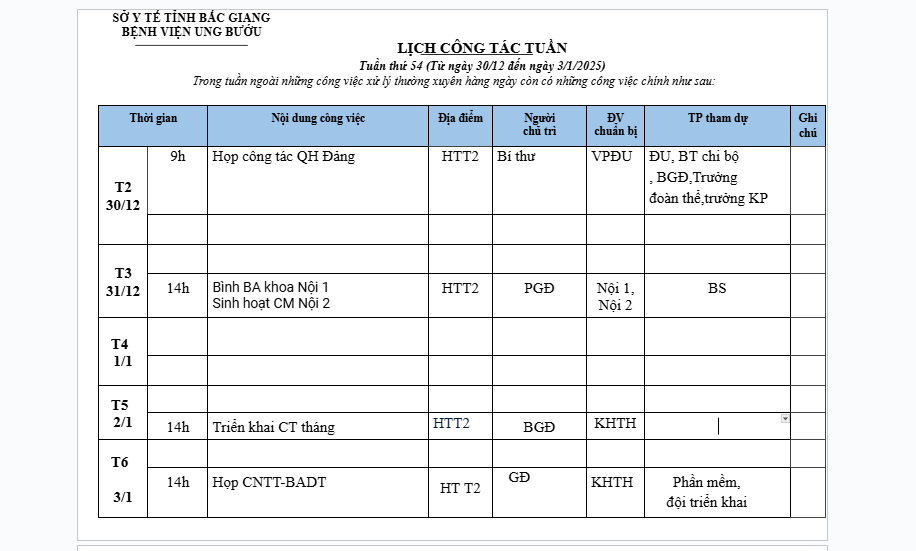 Lịch công tác tuần 54 (30/12-3/1/2024)