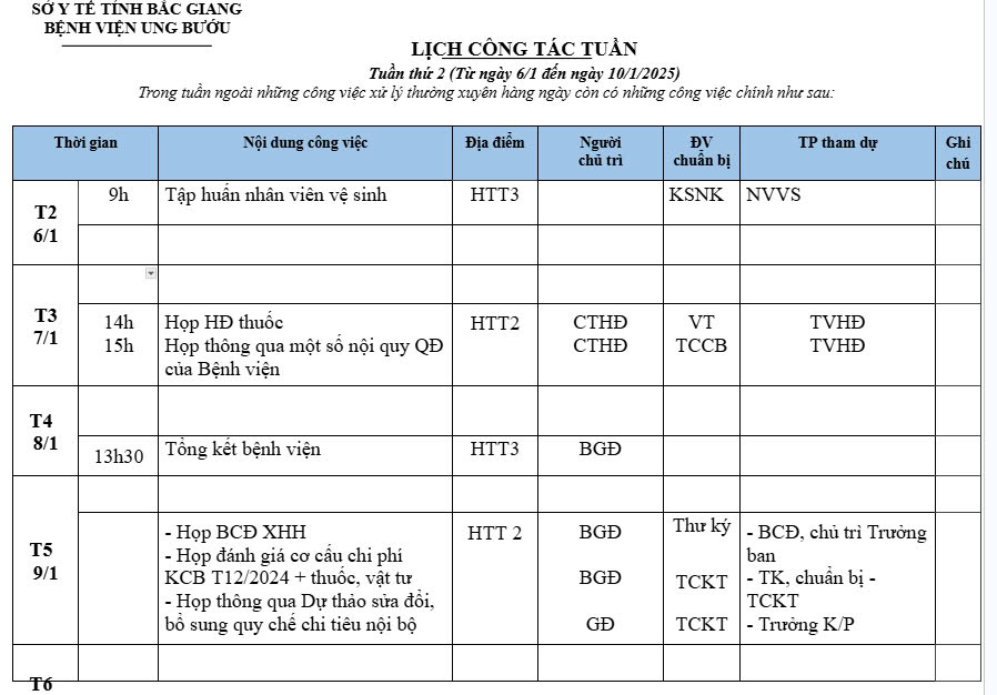 Lịch công tác Tuần thứ 2 (Từ ngày 6/1 đến ngày 10/1/2