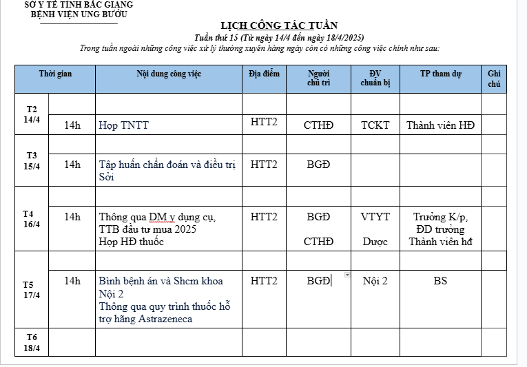 Lịch công tác tuần T15 (14/4-18/4/2025)