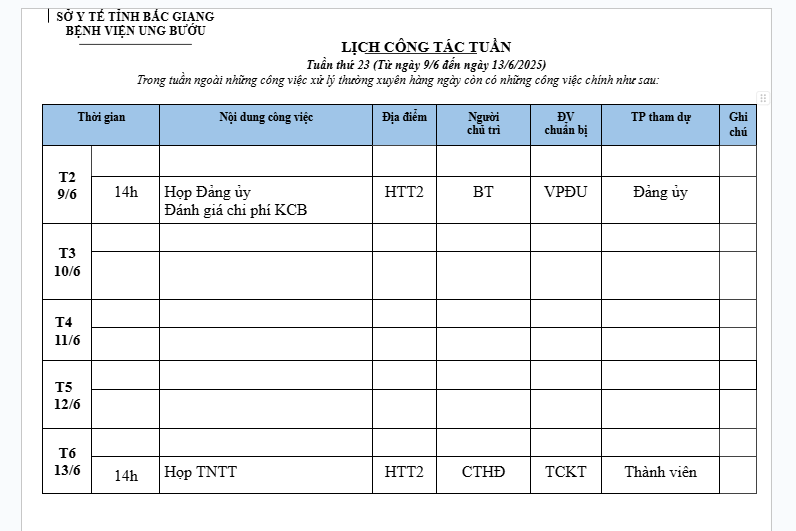LỊCH CÔNG TÁC TUẦN 23 (9/6-13/6/2025)
