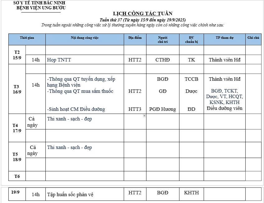 LỊCH CÔNG TÁC TUẦN 37 (15/9-19/9)
