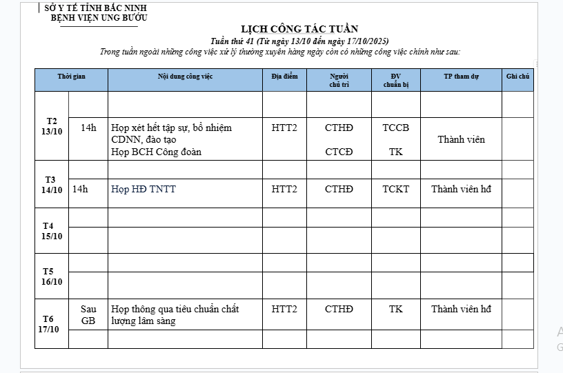LỊCH CÔNG TÁC TUẦN T41 (13/10-17/10)