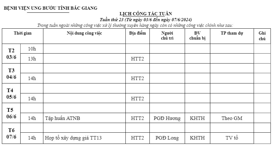 Lịch công tác tuần thứ 23 (Từ ngày 03/6 đến ngày 07/6/2024)
