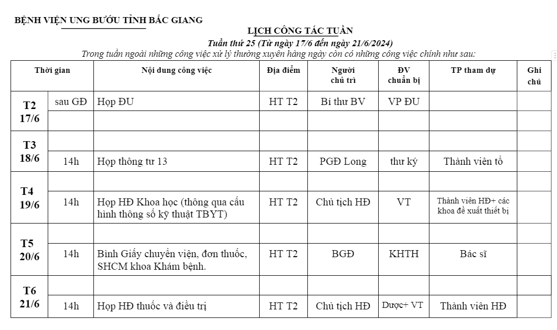 Tuần thứ 25 (Từ ngày 17/6 đến ngày 21/6/2024)