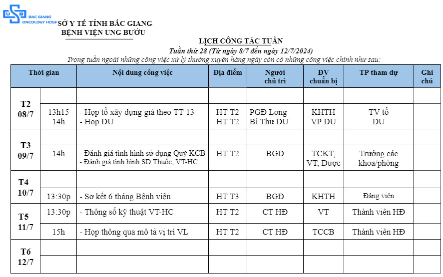 Lịch công tác Tuần thứ 28 (Từ ngày 8/7 đến ngày 12/7/2024)