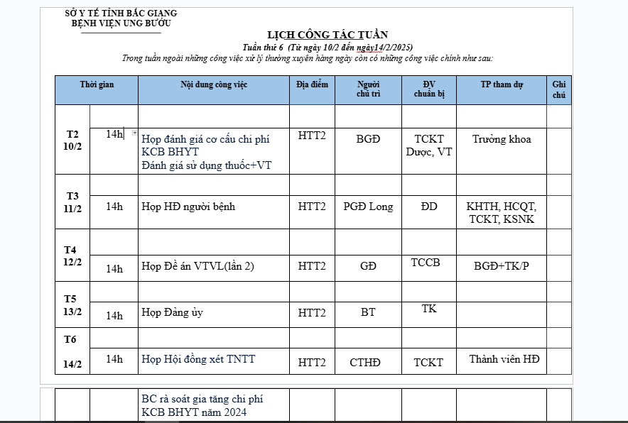 Lịch công tác tuần 6(10/2-14-2/2025)