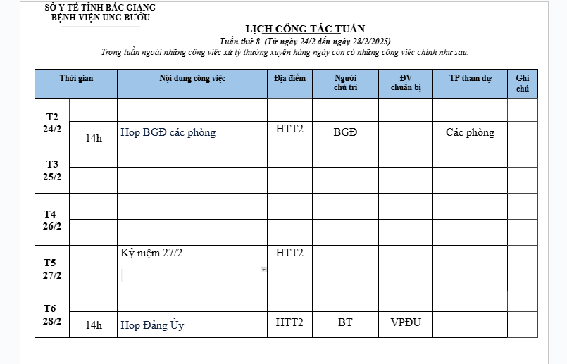 Lịch công tác tuần 8 (24/2-28/2/2025)