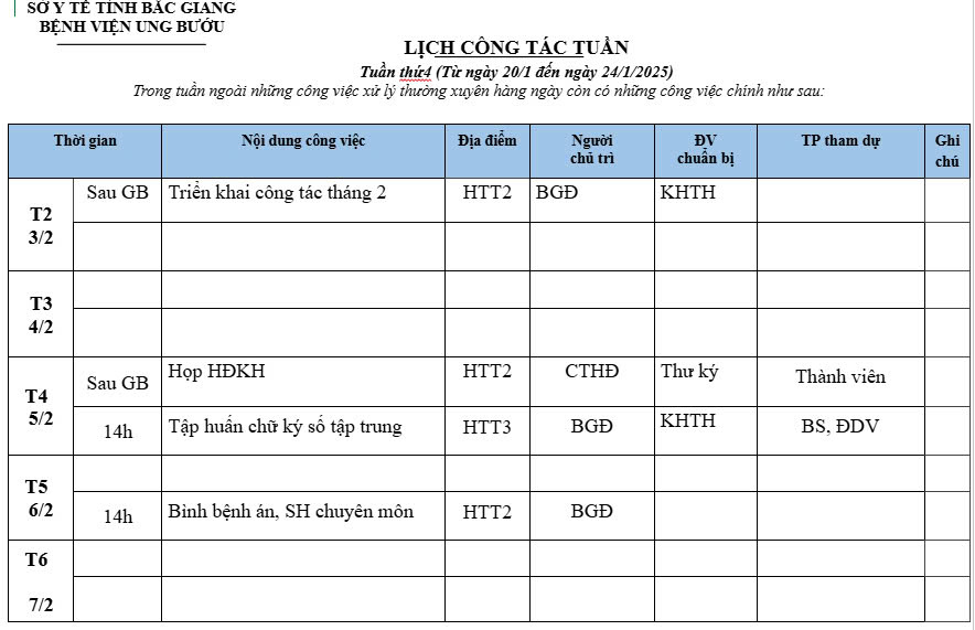 Lịch công tác Tuần thứ 4 (Từ ngày 20/1 đến ngày 24/1/2025)