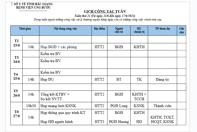 LỊCH CÔNG TÁC TUẦN 25(23/6-27/6/2025)