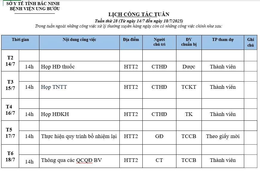 Lịch công tác Tuần thứ 28 (Từ ngày 14/7 đến ngày 18/7/2025