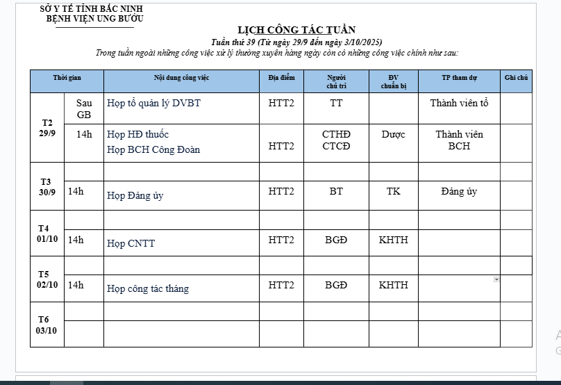LỊCH CÔNG TÁC TUẦN 39 (29/9-3/10)