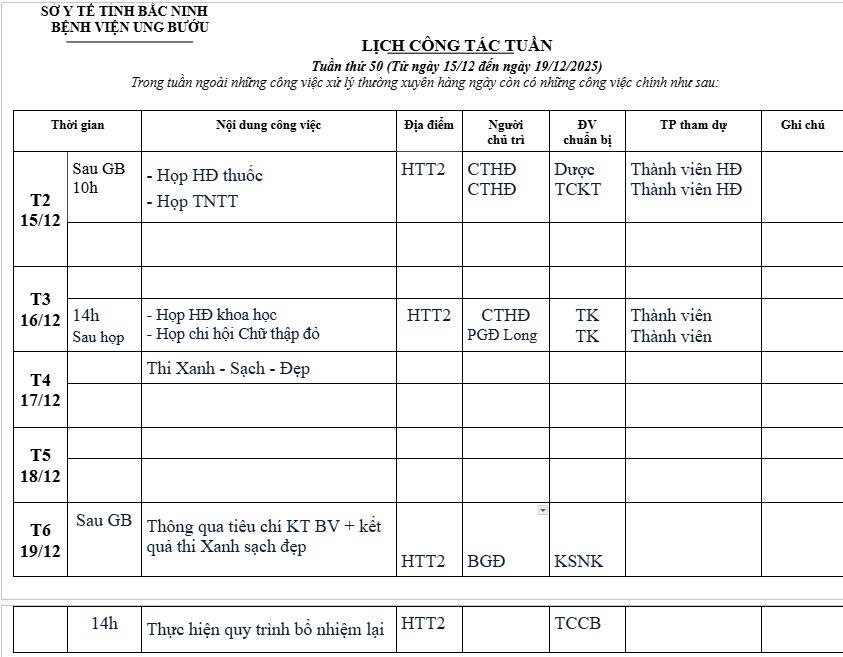 LỊCH CÔNG TÁC TUẦN 50 (15/12-19/12)
